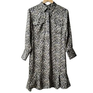 Equipment Femme Brown Black Leopard Print Shirt Mini Dress Long Sleeves Sz S